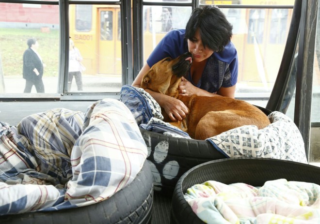 A segurança Neuza dos Santos brinca com o cachorro Max: carinho retribuído. | Aniele Nascimento/Gazeta do Povo