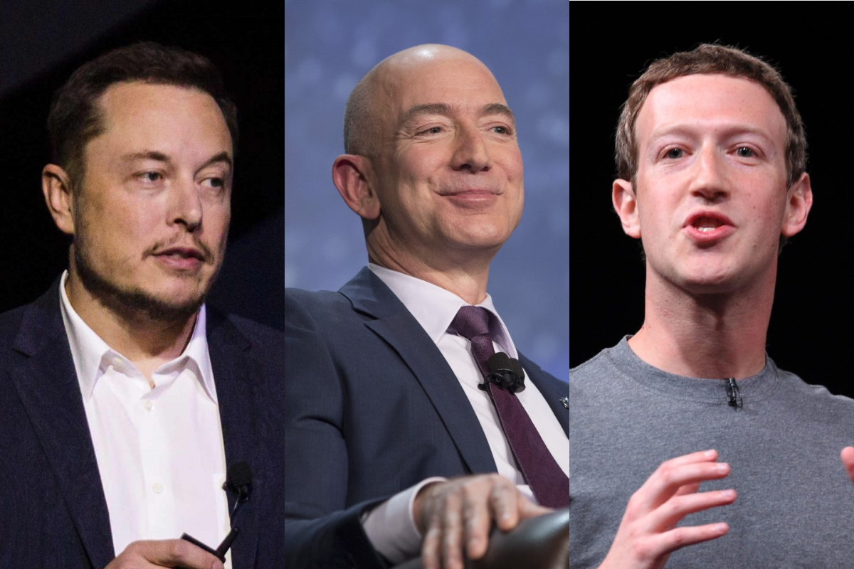 Elon Musk (à esq.), Jeff Bezos e Mark Zuckerberg são as pessoas mais influentes na área de tecnologia. | AFP e Bloomberg