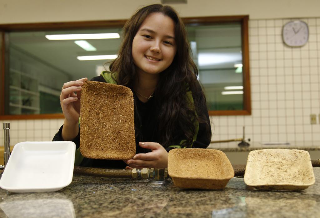 À esquerda, uma bandeja de isopor. As demais fazem parte do projeto criado por Sayuri Miyamoto Magnabosco: bandejas de bagaço de cana-de-açúcar. | Aniele Nascimento/Gazeta do Povo