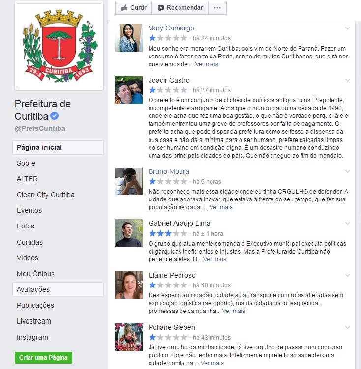 Comentários de usuários em meio a avaliações negativas na página da Prefeitura de Curitiba no Facebook | Reprodução/