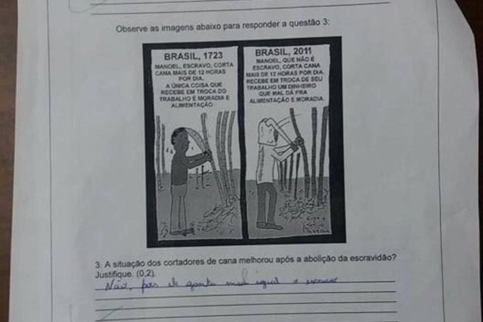 Questão de prova leva alunos a concluir que fim da escravidão não trouxe qualquer benefício para os cortadores de cana | Reprodução