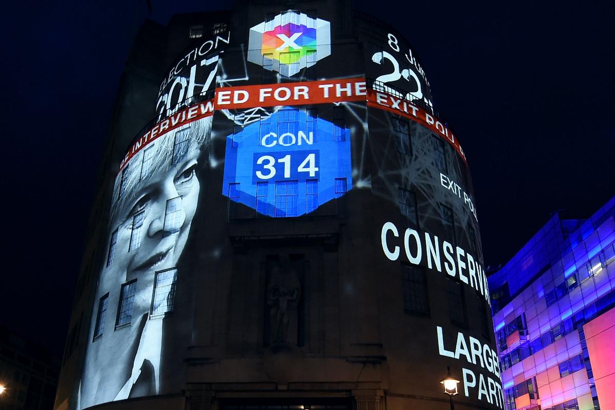 Telão da BBC, em Portland Place, em Londres, mostra a previsão de vitória do Partido Conservador, com 314 cadeiras no Parlamento | PAUL ELLIS/AFP