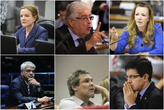 No sentido horário: os senadores Gleisi Hoffmann, Roberto Requião, Vanessa Grazziotin, Randolfe Rodrigues, LIndbergh Farias e Humberto Costa. | Marcos Oliveira/Agência Senado; Marcelo Andrade/Gazeta do Povo/Geraldo Magela/Agência Senado/Lula Marques/Agência PT