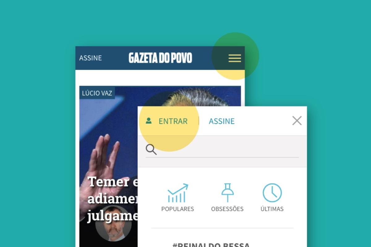 Tela do aplicativo da Gazeta para celulares: botão “Entrar” aparece depois de clicar no ícone do menu. |