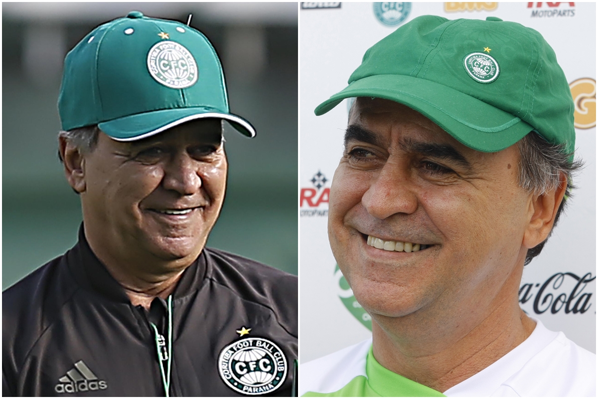 Marcelo Oliveira na última sexta (28) e seis anos antes, na primeira passagem pelo Coritiba. | Montagem com fotos de Hugo Harada e Albari Rosa/Gazeta do Povo