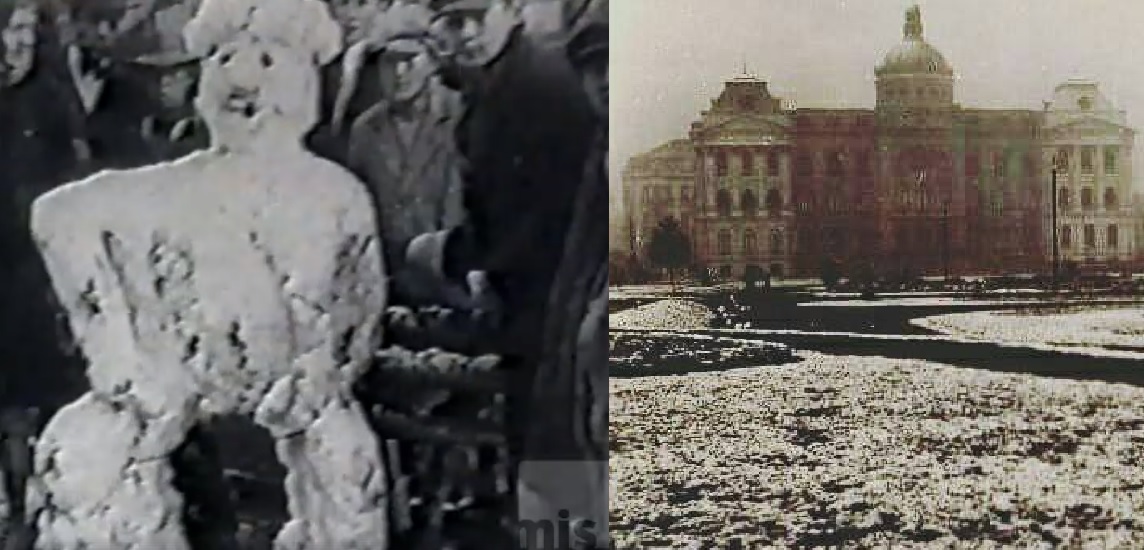 Neve de 1928: boneco de neve sendo montando e arredores do prédio histórico da UFPR cobertos de branco. | Reprodução MIS/Reprodução UFPR