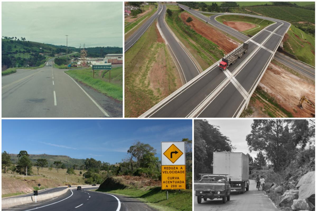 Acima, o entroncamento de Jaguariaíva, antes e depois de reinaugurado, em 2015; abaixo, trecho duplicado na Serra do Cadeado, entre Mauá da Serra e Ortigueira, atualmente e há 20 anos. | Divulgação