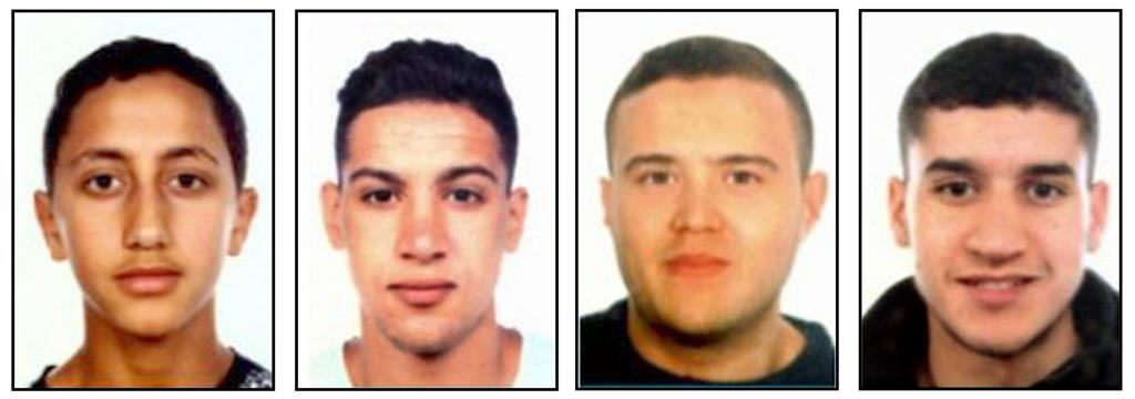Combo divulgado pela polícia espanhola mostra quatro suspeitos dos ataques de Barcelona e Cambrils (de L) Moussa Oukabir, Said Aallaa, Mohamed Hychami e Younes Abouyaaqoub; este último está foragido. | AFP