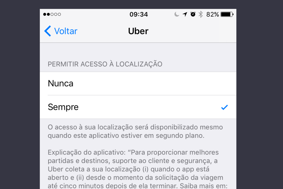 As opções atuais de localização do app da Uber no iOS |