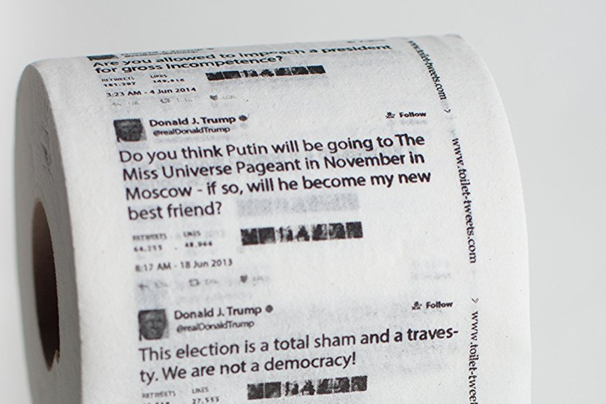 Cada rolo de papel higiênico com frases de Trump custa US$ 11,99 | Reprodução