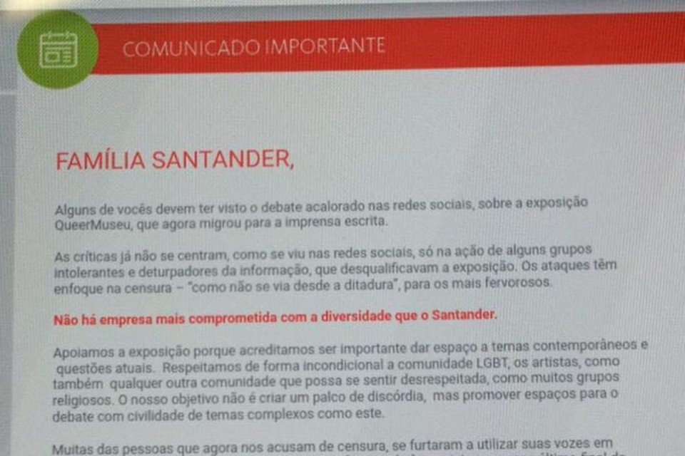 Detalhe do comunicado escrito por Sérgio Rial, presidente do Santander Brasil, aos funcionários do banco | Reprodução