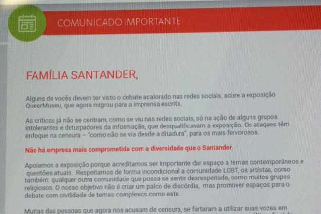 Detalhe do comunicado escrito por Sérgio Rial, presidente do Santander Brasil, aos funcionários do banco | Reprodução