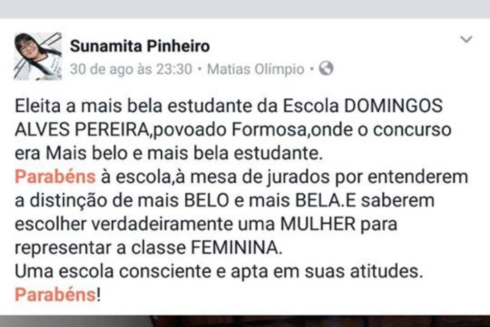 Publicação de Sunamita Pinheiro: ataques online. | Reprodução.