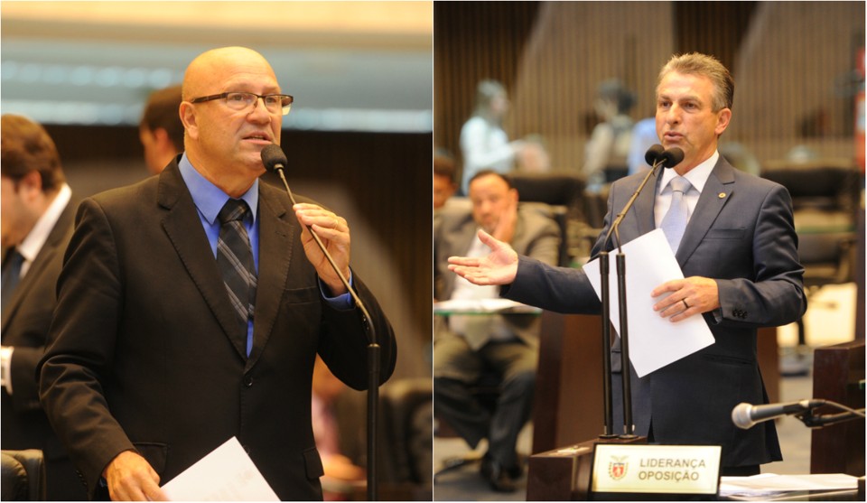 Oposição cobra deputados por CPI da Quadro Negro, mas governistas dão de ombros Romanelli, líder do governo (à esq,) e Veneri, líder da oposição | Montagem: Pedro Oliveira/Assembleia Legislativa