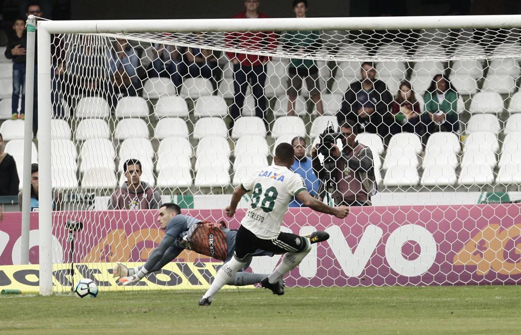 Gatito Fernandez, do Botafogo, defende pênalti de Thiago Carleto: Coritiba perdeu quatro das oito cobranças que teve no Brasieliro. | Daniel Caron/Gazeta do Povo