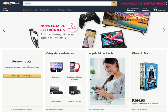 Capa da Amazon do Brasil após a entrada dos produtos eletrônicos | Reprodução/Site/Amazon