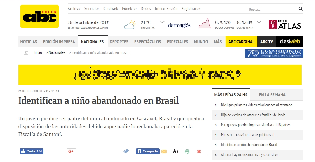 Imprensa paraguai destaca caso de criança encontrada no Brasil | Reprodução/ABC Color