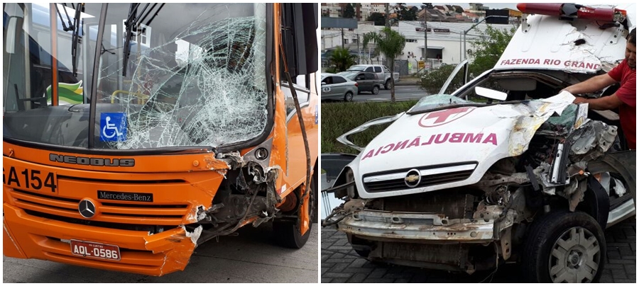 Ônibus da linha São Pedro e ambulância de Fazenda Rio Grande após a batida. | Cecília Tümler/Gazeta do Povo