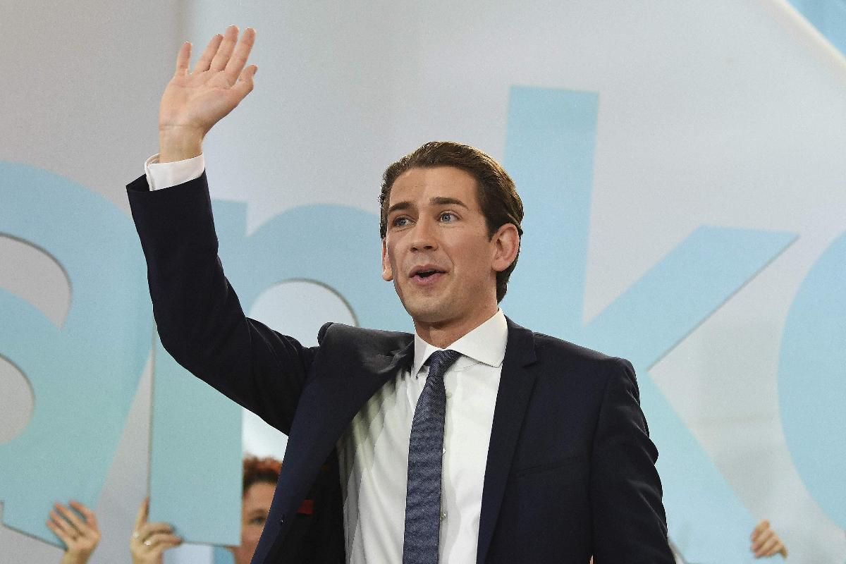 Ministro das Relações Exteriores e líder do Partido Popular da Áustria (ÖVP), de centro-direita, Sebastian Kurz, acena para apoiadores após as eleições gerais em Viena, Áustria | ROBERT JAEGER/AFP