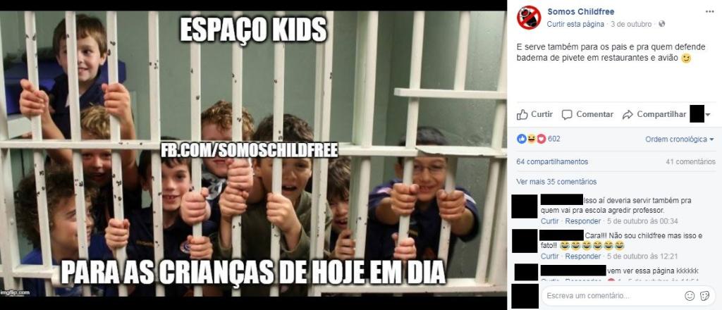 Post publicado no perfil “Childfree” no Facebook: criança atrás das grades “serve também para os pais e pra quem defende baderna de pivete em restaurantes e avião” | Reprodução/Facebook