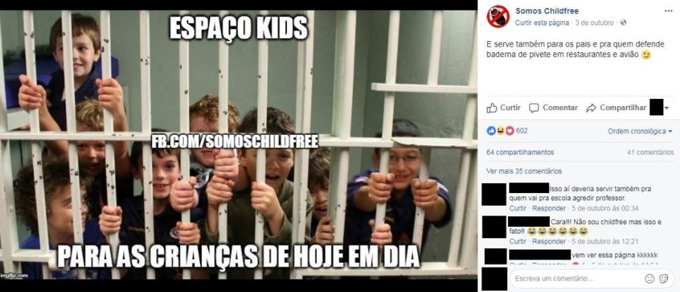 Post publicado no perfil “Childfree” no Facebook: criança atrás das grades “serve também para os pais e pra quem defende baderna de pivete em restaurantes e avião” | Reprodução/Facebook
