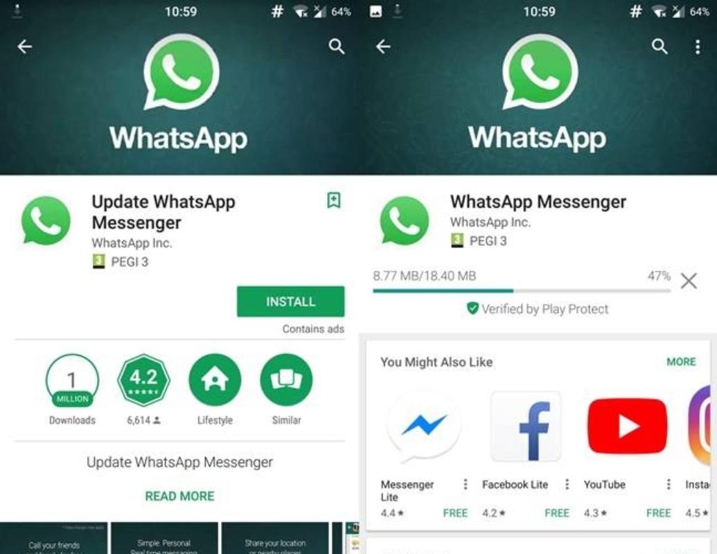 À esquerda, a versão falsa do WhatsApp que era distribuída pelo Google Play; à direita, a oficial. | Reddit/Reprodução