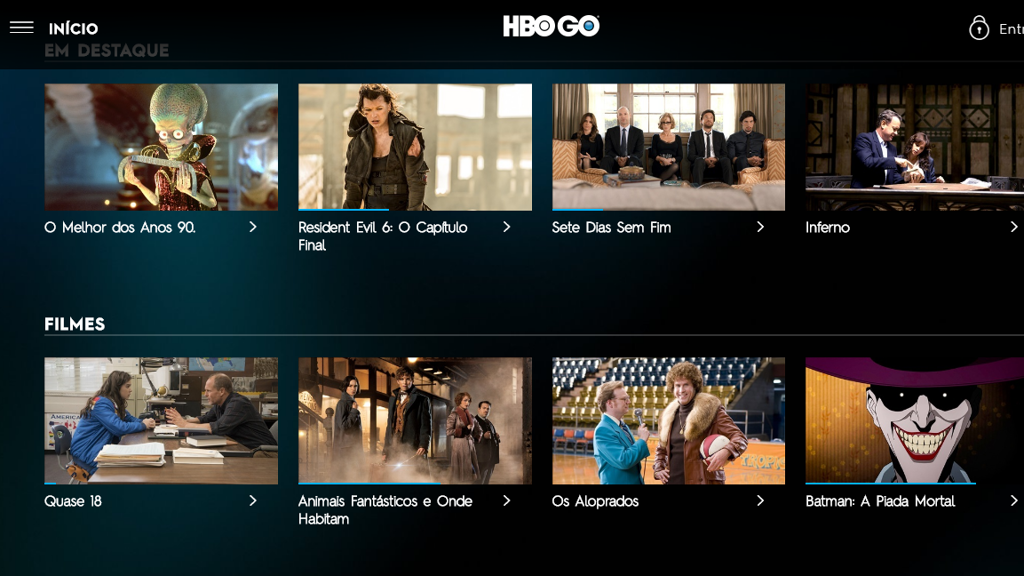 Plataforma do HBO GO, serviço de streaming da operadora de televisão | HBO GO/Reprodução