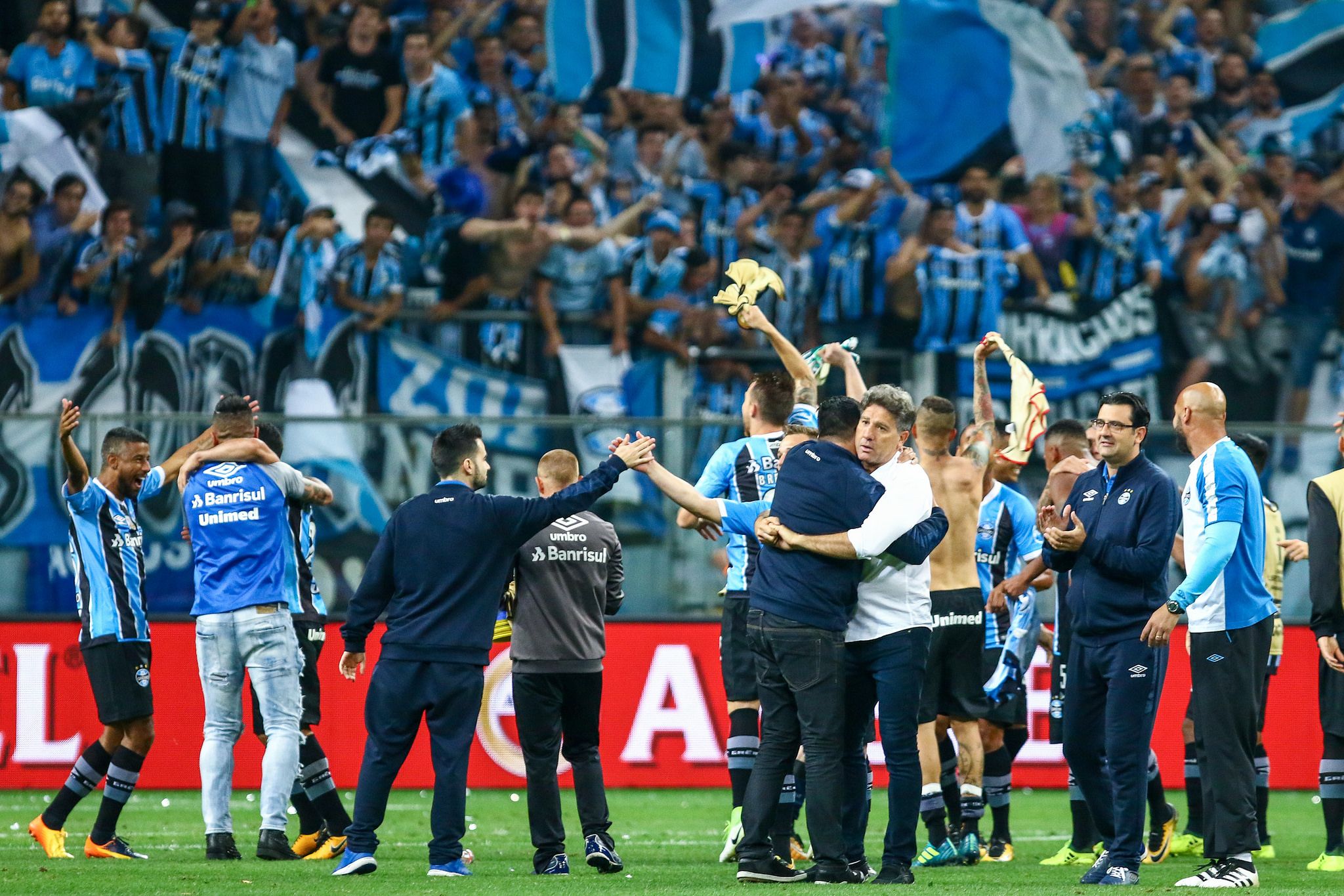 Grêmio comemora classificação à final da Libertadores: se vencerem o torneio, gaúchos transformam o G7 em G8. | Lucas Uebel/Grêmio