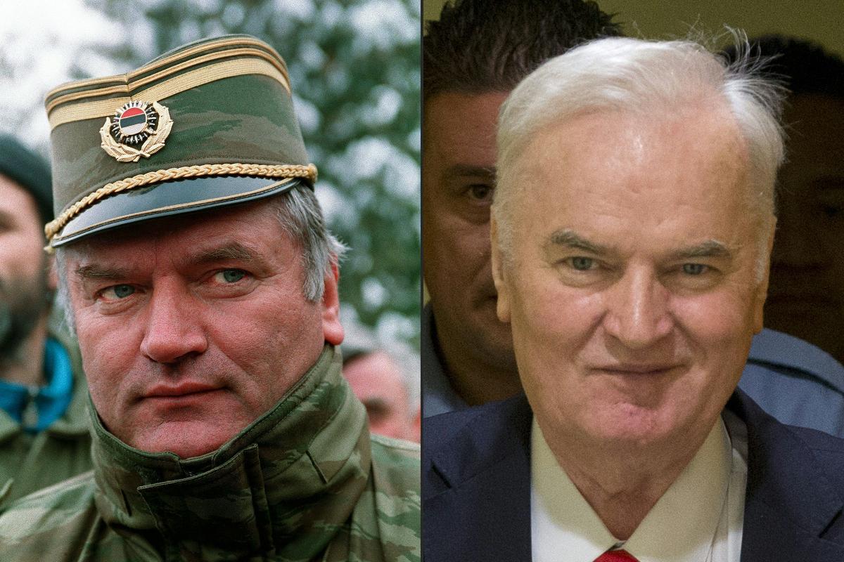 À esquerda, Ratko Mladic, em Sarajevo, 1994: à direita, o ex-general sorrindo durante julgamento nesta quarta-feira (22) | PASCAL GUYOT/AFP