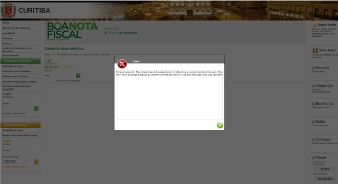 Mensagem de erro recebida na tarde desta quinta-feira (30) | Reprodução/Site da prefeitura de Curitiba