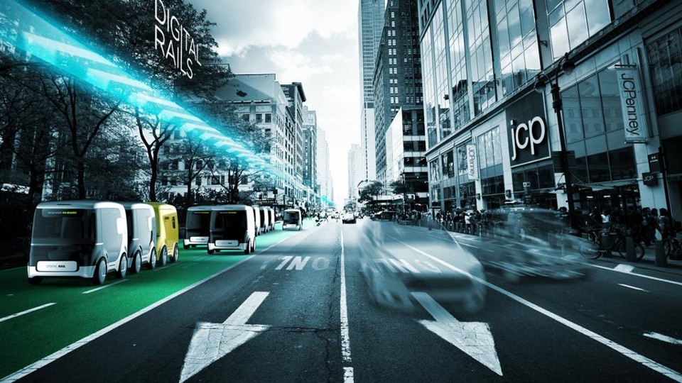 Empresa brasileira cria projeto para organizar trânsito de carros autônomos Projeto Digital Rails, criado pelo escritório de design brasileiro Questtonó, para organziar o futuro trânsito de carros autônomos | Questtonó/Divulgação
