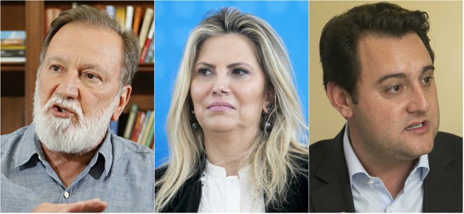 Os três principais pré-candidatos: Osmar Dias (à esq.), Cida Borghetti (ao centro) e Ratinho Jr. | Montagem: Albari Rosa e Marcelo Andrade/Gazeta do Povo
