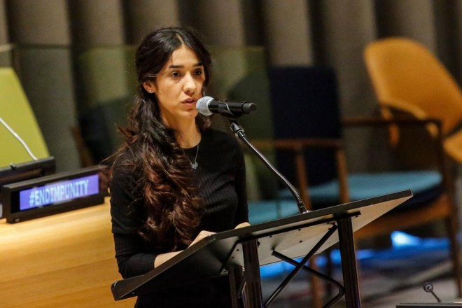 Nadia Murad tornou-se a primeira Embaixadora da Boa Vontade da ONU para sobreviventes de tráfico humano, em 2016 | Kena Betancur/AFP