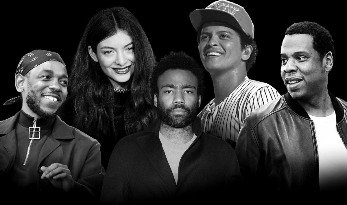 Na imagem, Childish Gambino, Jay Z, Kendrick Lamar, Lorde e Bruno Mars, todos indicados ao Grammy na categoria de “Álbum do ano” | Divulgação