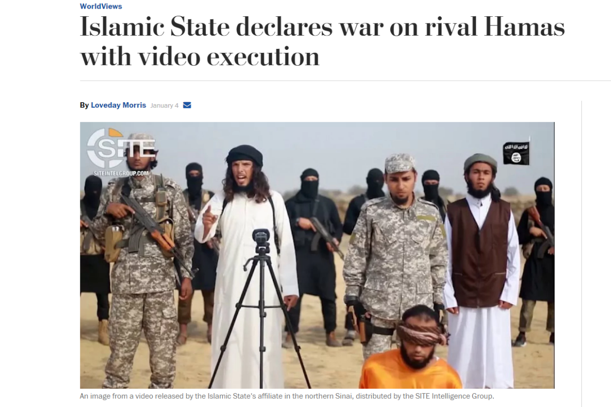 Reportagem do Washingotn Post mostra uma imagem do vídeo onde um membro do Estado Islâmico executa um aliado do Hamas. | Reprodução