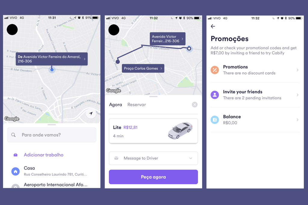 Algumas telas do novo app da Cabify. | Cabify/Reprodução