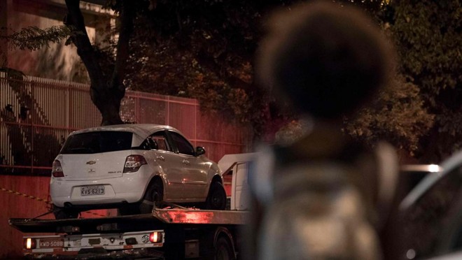 O carro em que estava Marielle Franco: vereadora e motorista morreram; assessora sobreviveu. | Mauro Pimentel/AFP