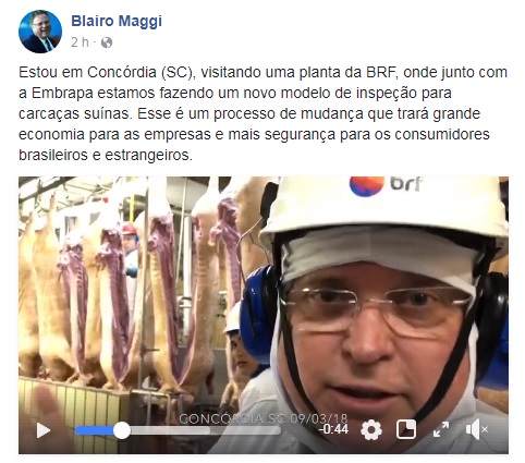 “Tenho brigado muito no Ministério da Agricultura para a modernização”, diz Maggi. | Reprodução/Facebook