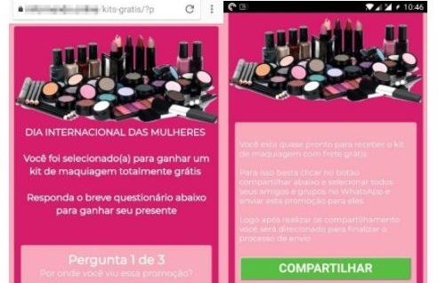 Ao clicar no link fraudulento, usuário é levado a preencher cadastro e compartilhar mensagem. | Reprodução/Kaspersky Lab