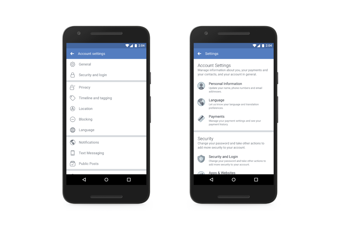 Antes e depois da tela de configurações do aplicativo do Facebook para Android. | Facebook/Divulgação