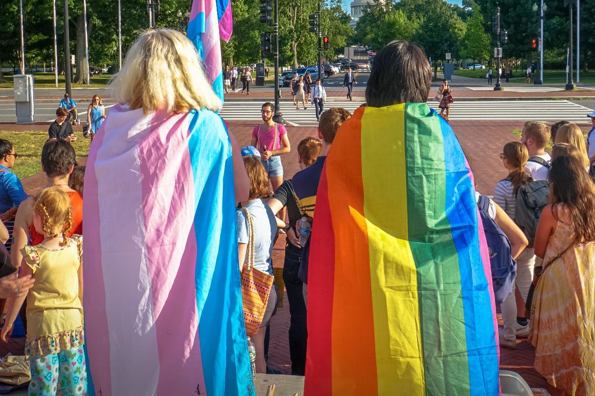 Manifestantes enroladas nas bandeiras que representam os movimentos trans e LGBT, respectivamente, participam de passeata em Washington (EUA). | Ted Eytan/Flickr/Reprodução