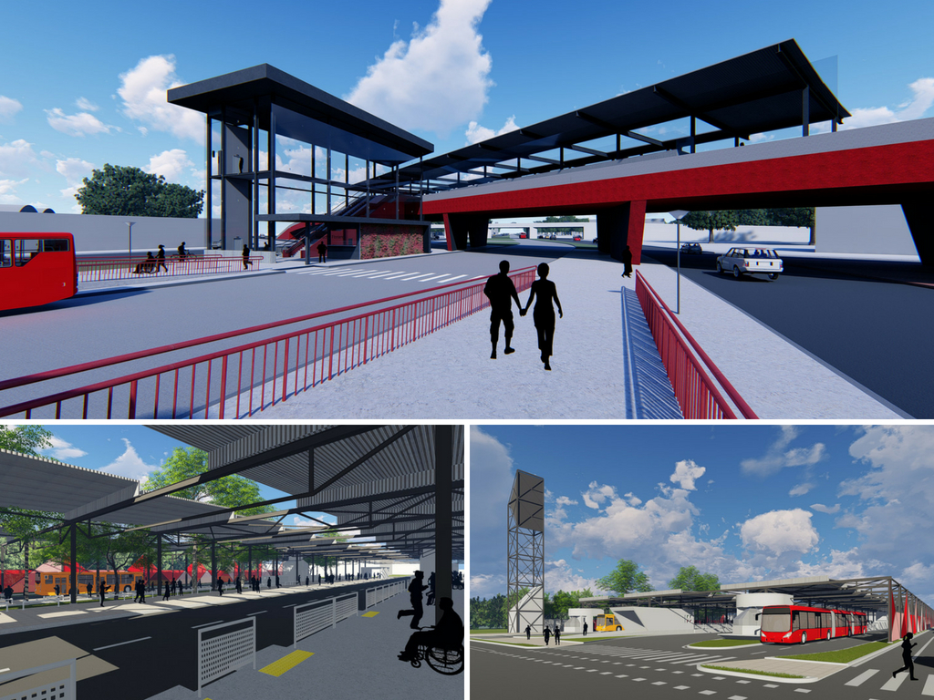 Em cima, projeto do terminal viaduto, integrante do trinário na Marechal Floriano. Abaixo, a esquerda, projeto do terminal Hauer, e a direita do terminal Tatuquara. | Divulgação/Ippuc