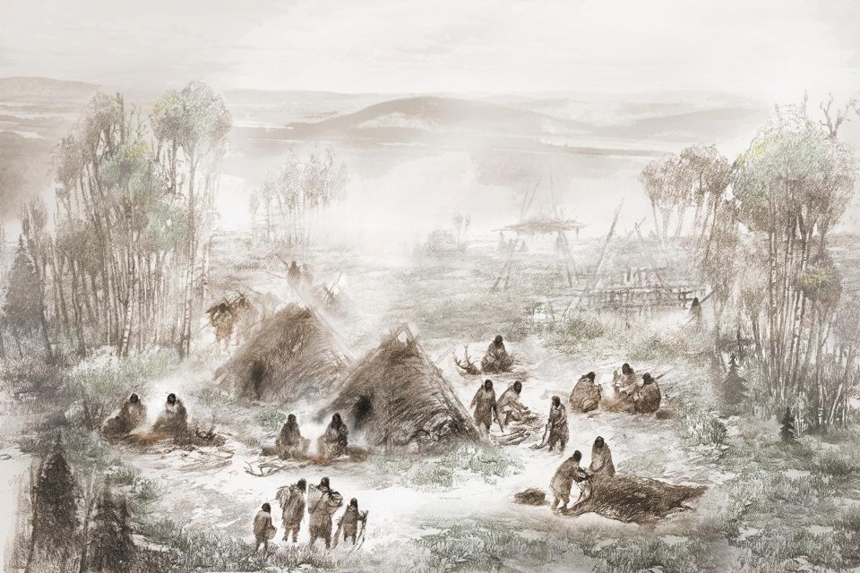 Ilustração mostra como vivia uma comunidade nativa onde hoje é o interior do Alasca, 11.500 anos atrás | Eric S. Carlson e Ben A. Potter