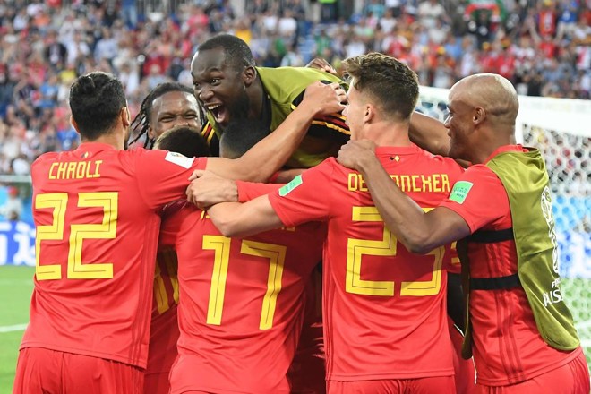 Bélgica comemora gol da vitória sobre a Inglaterra na Copa do MUndo 2018 | ATTILA KISBENEDEK/AFP