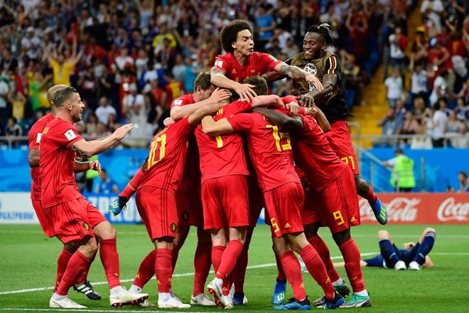 Jogadores da Bélgica celebram virada histórica sobre a Bélgica na Copa do Mundo 2018 | PIERRE-PHILIPPE MARCOU/AFP
