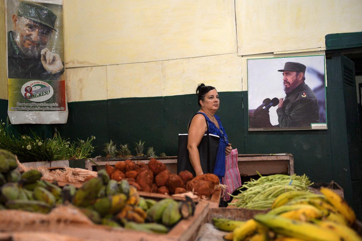 Mulher compra legumes em frente de pôster do falecido líder cubano Fidel Castro em um mercado em Havana, em 10 de junho de 2018. Cuba deu terça-feira uma nova luz verde ao trabalho privado, após retrocesso há um ano. | YAMIL LAGE/AFP