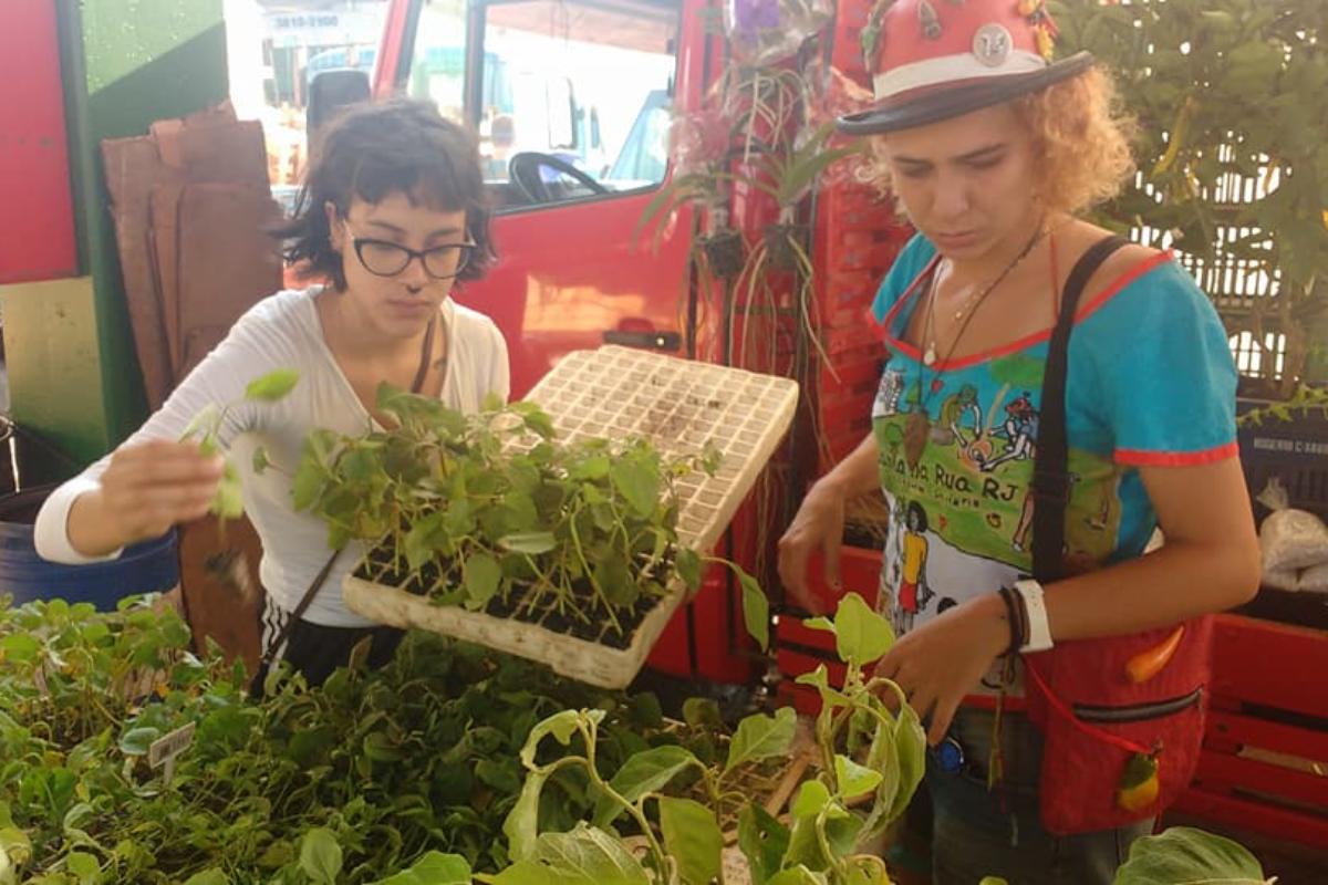 Gabi Flor (à direita) trabalhando na distribuição gratuita de mudas, uma das ações do Planta na Rua RJ | Reprodução/ Facebook/ Planta na Rua RJ