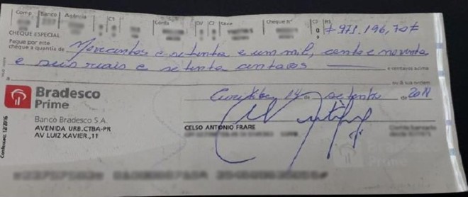 Reprodução do cheque. | Reprodução/