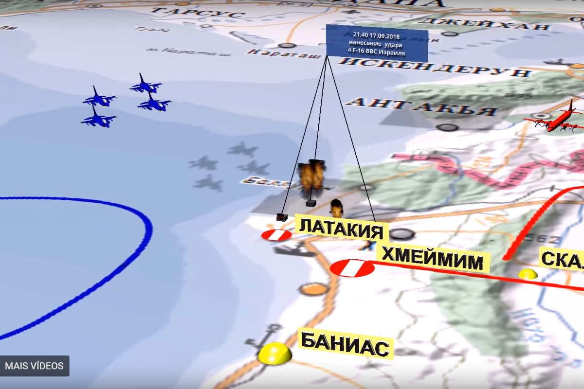 Ministério da Defesa da Rússia divulgou uma animação sobre como teria ocorrido a derrubada do avião russo, na semana passada | Reprodução Youtube/Ministério da Defesa russo